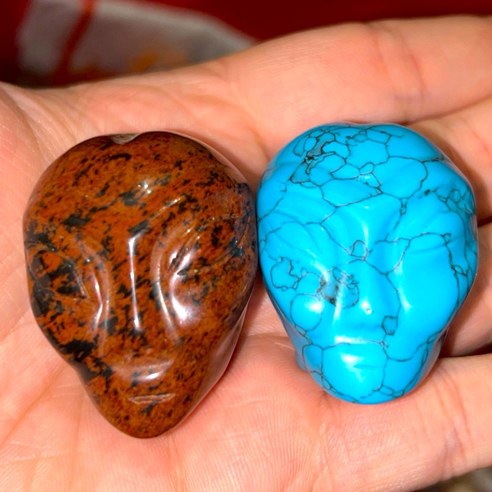 Bundle of Two Colorful Alien Head Carvings